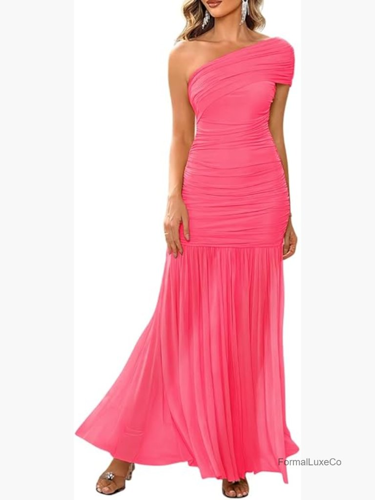 One Shoulder Formal Maxi Dress Bodycon Ruched Evening Gown Slim Fit